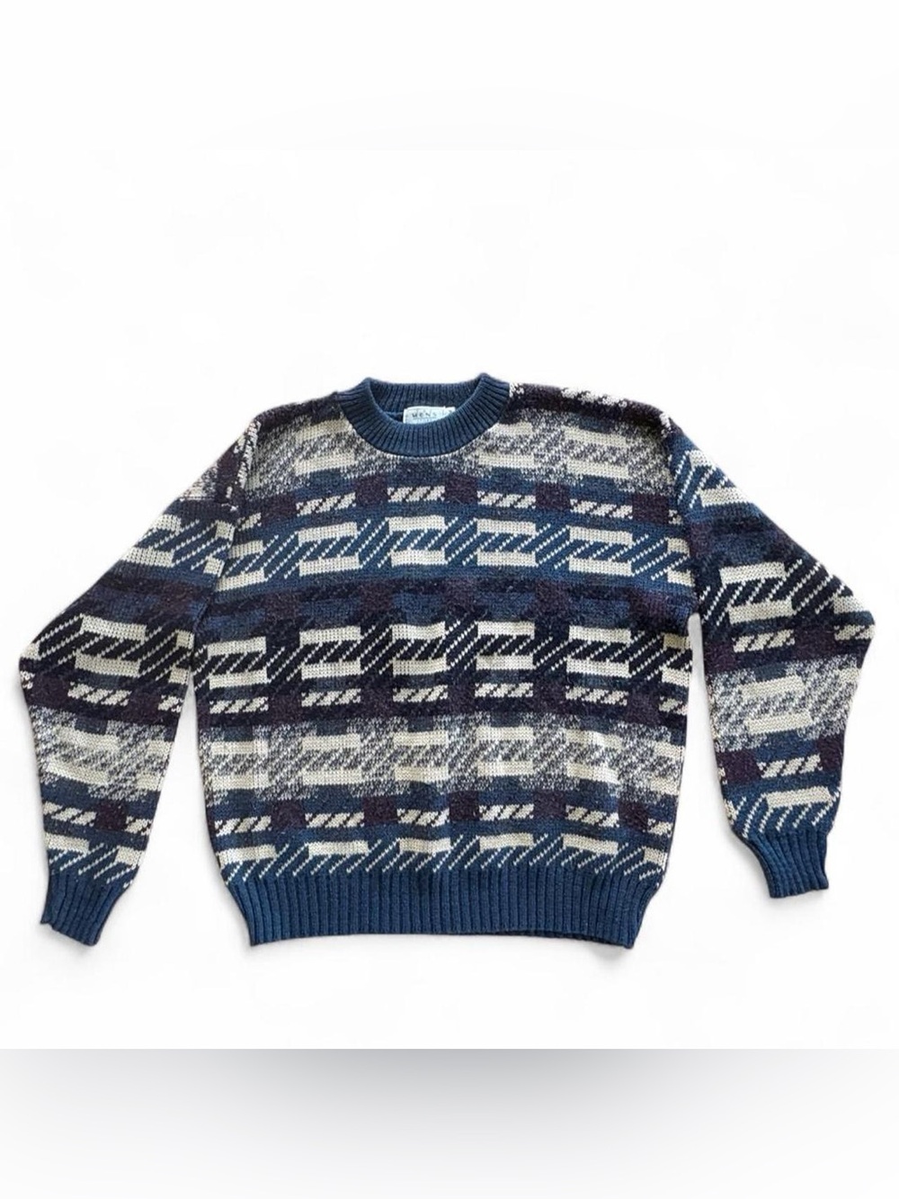 Vintage Sears The Men's Store Navy Cream Patterned Crewneck Sweater XL Knit 90s